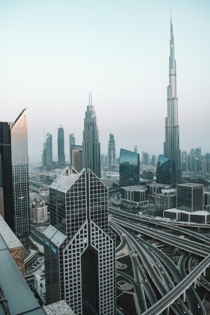 Stunning view of Dubai's skyline with the towering Burj Khalifa at dusk.